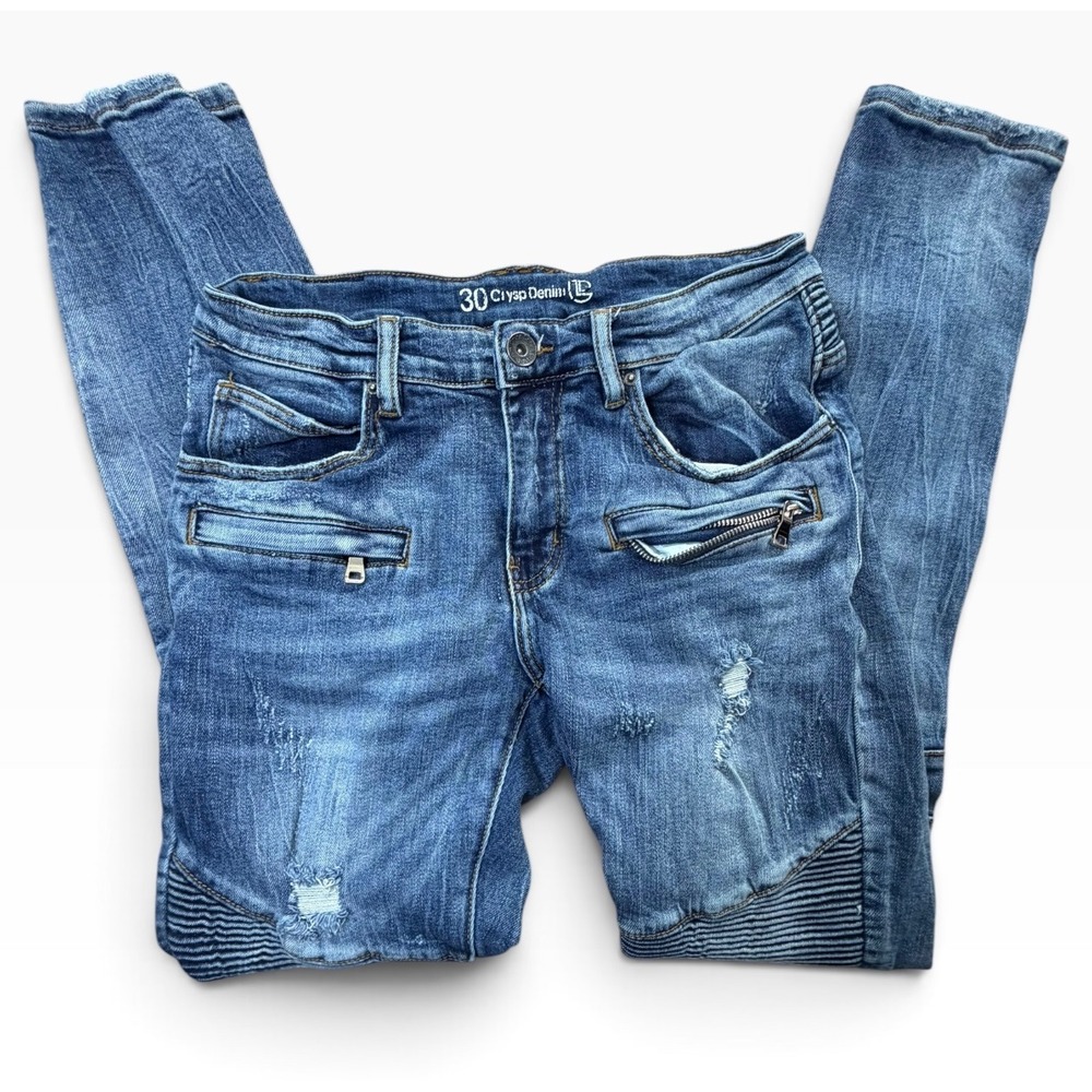 Crysp Denim Mens Moto Biker Distressed Jeans Blue Ribbed Zipper Slim 30x31